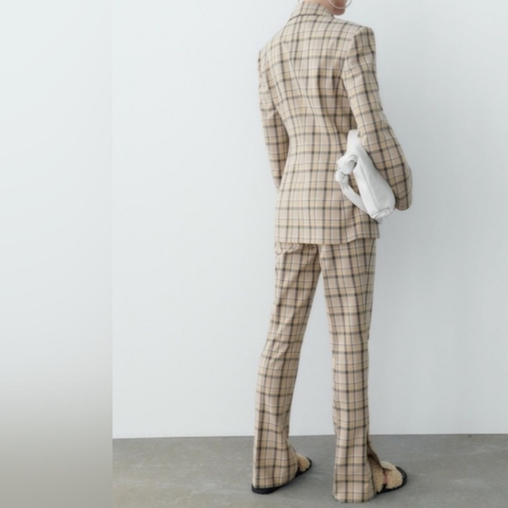 Zara- NWT Matching Tan and Black Plaid Blazer and Flared Pants Suit Set